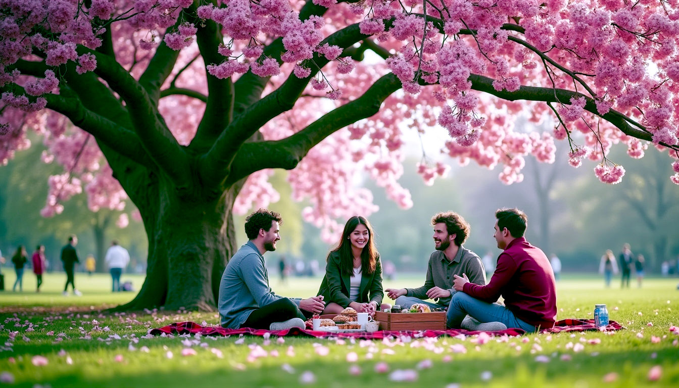 A hyper-realistic, professional photograph in the style of a gentle, observational documentary. The scene is a sunny spring afternoon in a classic British park, like Regent's Park. A group of friends in their late 20s are enjoying a relaxed picnic on a tartan blanket under a huge, magnificent cherry blossom tree in full, vibrant pink bloom. Some petals are gently falling. The composition is wide, capturing both the lively picnic (with a mix of British picnic items and a bento box) and the stunning beauty of the tree against a soft-focus background of green lawns and other park-goers. The lighting is soft and warm, evoking a feeling of friendship, joy, and the fleeting beauty of an English spring. The mood is peaceful, celebratory, and subtly multicultural.