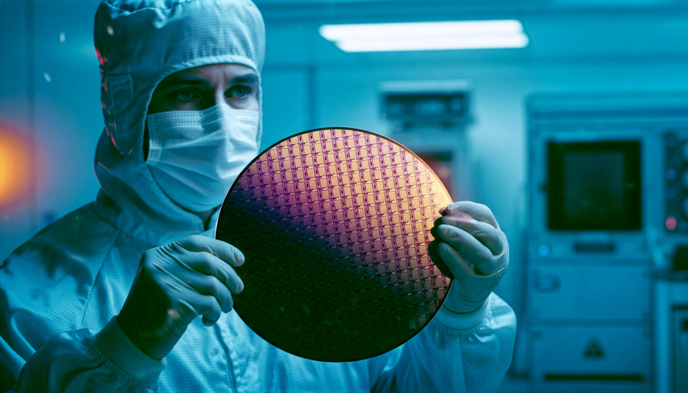 A hyper-realistic, professional photograph capturing the essence of silicon technology with a subtle British feel. The image should show a highly polished, circular silicon wafer, about 12 inches in diameter, held carefully by a technician in a cleanroom suit. The wafer is angled to the light, revealing intricate, iridescent circuit patterns etched onto its mirror-like surface in shimmering gold and purple hues. In the softly blurred background, high-tech laboratory equipment is visible. The lighting should be clean, bright, and clinical, with a cool blue and white colour palette, evoking a sense of precision, innovation, and the future.