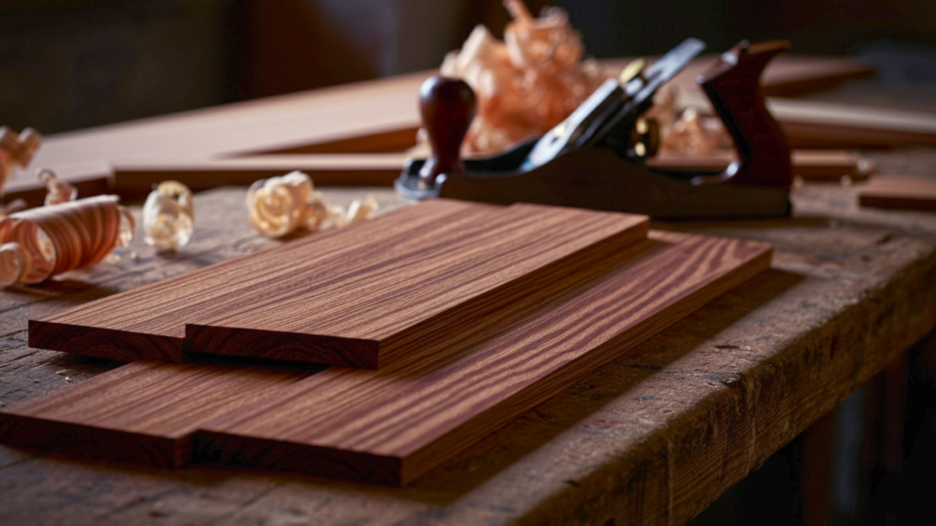 Zebrawood exotic hardwood planks laid across a workbench with a handplane in the background