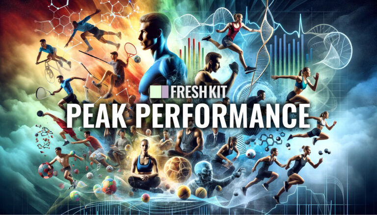 The image showcases different athletes in various states of training and competition across a range of sports and activities. It includes imagery symbolizing mental strength, such as focused expressions and serene, meditative postures, as well as subtle representations of genetic factors like DNA strands. The vibrant and energetic composition captures the essence of peak performance, highlighting the convergence of skills, training, and mental fortitude.