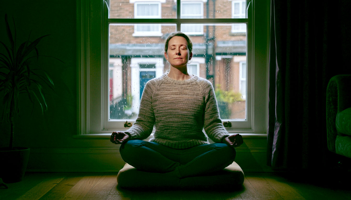 A hyper-realistic, professional photograph in the style of a modern lifestyle magazine. A relatable British person in their 30s is sitting comfortably on a cushion by a large window in a cosy, minimalist living room in a UK city like Manchester or Bristol. Soft, natural morning light streams in, illuminating dust motes. They have their eyes gently closed in meditation, with a serene but natural expression on their face. The background is slightly blurred, showing a typical British street scene outside the window (terraced houses, a drizzle of rain on the glass). The mood is calm, authentic, and peaceful, with a colour palette of soft greys, warm woods, and gentle greens. The image should feel accessible and inspiring, not intimidatingly spiritual.