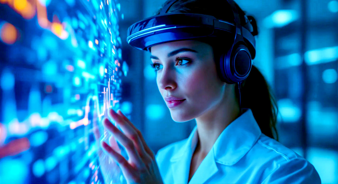 A hyper-realistic, professional photograph with a futuristic, clean aesthetic. The image shows a researcher at a UK university, like Cambridge or Oxford (identifiable by subtle architectural cues in the background), using a sophisticated neurofeedback headset connected to a holographic display showing complex, glowing 3D brainwave patterns. The researcher, a picture of calm focus, is manipulating the hologram with gentle hand gestures. The lighting is sleek and slightly blue-toned, emanating from the technology itself, casting a soft glow on their face. The mood is one of cutting-edge innovation, human potential, and unlocking the mind's secrets, grounded in a setting of British academic excellence.
