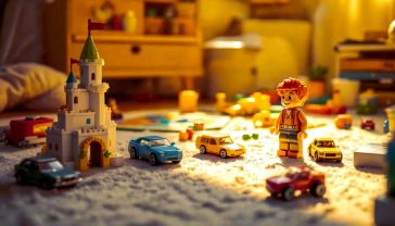 A hyper-realistic, professional photograph with a nostalgic, warm feel. A beautifully lit, slightly cluttered child's bedroom floor, featuring a mix of classic toys—a half-built LEGO castle, a vintage Action Man in a dynamic pose, a few Matchbox cars, and an open Monopoly board. The lighting is soft and golden, like a late afternoon sunbeam, evoking a timeless sense of play. Style of a high-end family magazine feature.