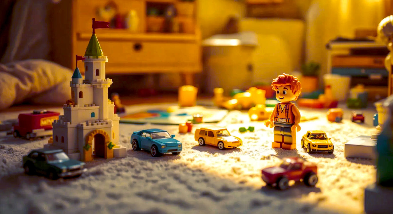 A hyper-realistic, professional photograph with a nostalgic, warm feel. A beautifully lit, slightly cluttered child's bedroom floor, featuring a mix of classic toys—a half-built LEGO castle, a vintage Action Man in a dynamic pose, a few Matchbox cars, and an open Monopoly board. The lighting is soft and golden, like a late afternoon sunbeam, evoking a timeless sense of play. Style of a high-end family magazine feature.