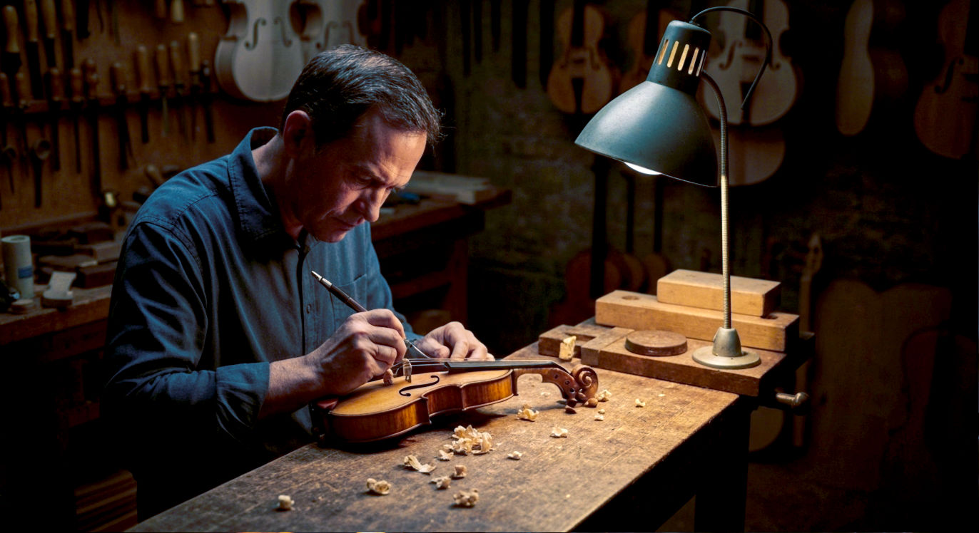A hyper-realistic, professional photograph from a slightly elevated angle. The image captures a master luthier in a classic British workshop (e.g., in London's Denmark Street), completely absorbed in carving the scroll of a violin. Wood shavings litter the workbench. The lighting is warm and focused, coming from a low-hanging lamp, illuminating the intricate details of the wood and the intense concentration on the luthier's face. The background is softly out of focus, filled with hanging tools and unfinished instruments. The mood is one of profound focus, timeless craftsmanship, and the effortless precision of a master in a state of flow.