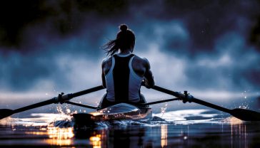 A hyper-realistic, professional photograph in the style of a modern sports documentary. The image captures a male or female rower in a single scull, gliding across a still, misty lake at dawn, possibly in the Lake District or on the Thames near Henley. The rower is in the middle of a powerful stroke, muscles defined, face a mask of intense, calm focus. The lighting is soft and golden, catching the water droplets flying from the oars. The mood is one of quiet determination, discipline, and the harmony of mind and body, evoking a distinctly British sense of understated excellence.