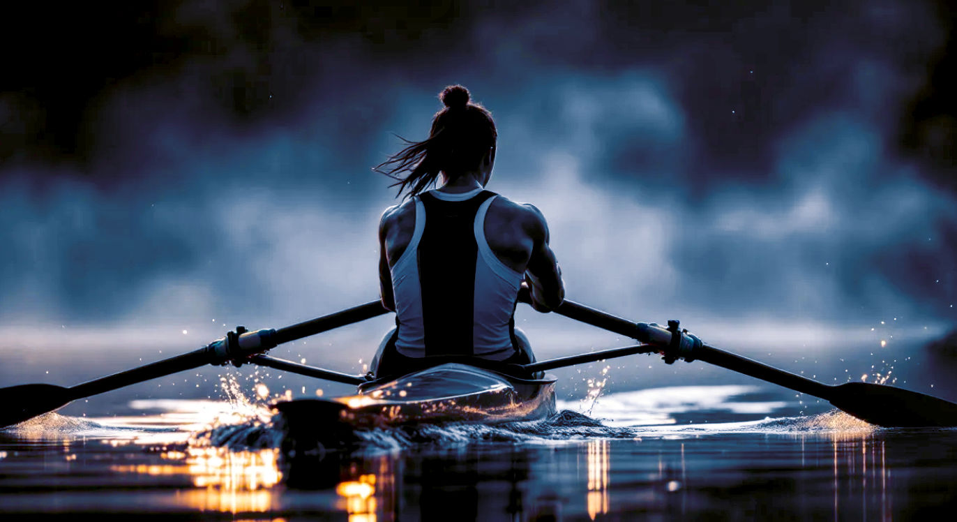 A hyper-realistic, professional photograph in the style of a modern sports documentary. The image captures a male or female rower in a single scull, gliding across a still, misty lake at dawn, possibly in the Lake District or on the Thames near Henley. The rower is in the middle of a powerful stroke, muscles defined, face a mask of intense, calm focus. The lighting is soft and golden, catching the water droplets flying from the oars. The mood is one of quiet determination, discipline, and the harmony of mind and body, evoking a distinctly British sense of understated excellence.