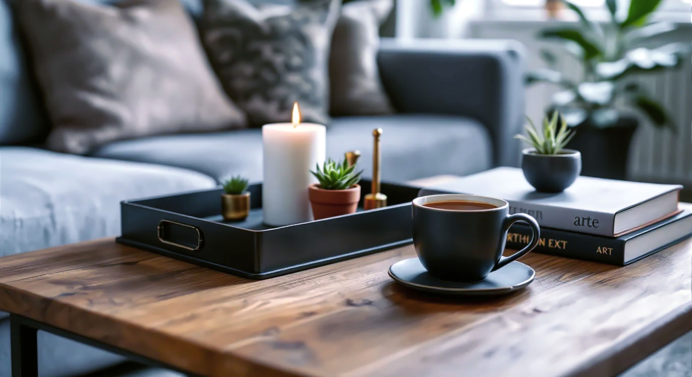 A hyper-realistic, professional interior photograph in the style of Livingetc magazine. The shot is a close-up, slightly angled view of a beautifully styled wooden coffee table in a cosy, modern British living room. On the table sits a large, black metal tray. Inside the tray, a white ceramic candle, a small succulent in a terracotta pot, and a brass wick-trimmer are artfully arranged. Next to the tray is a stack of three hardback art books. On top of the books rests a steaming cup of tea in a stylish, handmade mug on a slate coaster. In the background, the soft texture of a grey sofa is slightly out of focus. The scene is lit by soft, natural light coming from a nearby window, creating a calm, sophisticated, and inviting mood. The overall aesthetic is aspirational yet achievable.