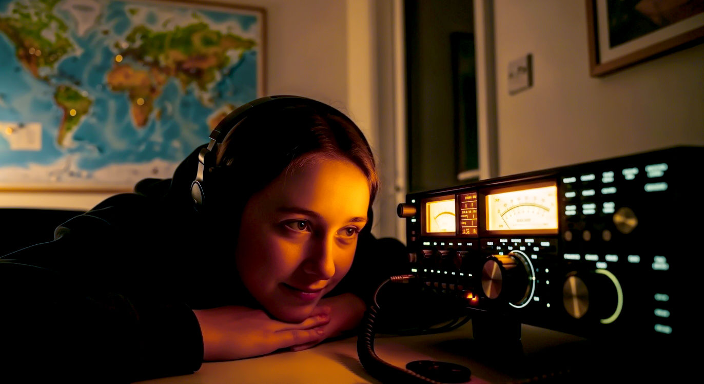 A hyper-realistic, professional photograph in the style of a BBC documentary still. The image captures the wonder of amateur radio. In a cosy, modern British home office at dusk, a young person (around 16-18 years old) is leaning forward, captivated. They are wearing headphones and smiling faintly, their face illuminated by the warm glow from a modern amateur radio transceiver. The radio dial is lit up, and in the soft-focus background, a map of the world with pins in it is visible on the wall. The mood is one of quiet excitement, discovery, and global connection. The lighting is warm and atmospheric, creating a sense of magic and possibility.