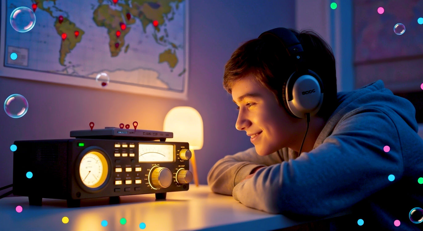 A hyper-realistic, professional photograph in the style of a BBC documentary still. The image captures the wonder of amateur radio. In a cosy, modern British home office at dusk, a young person (around 16-18 years old) is leaning forward, captivated. They are wearing headphones and smiling faintly, their face illuminated by the warm glow from a modern amateur radio transceiver. The radio dial is lit up, and in the soft-focus background, a map of the world with pins in it is visible on the wall. The mood is one of quiet excitement, discovery, and global connection. The lighting is warm and atmospheric, creating a sense of magic and possibility.