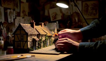 A hyper-realistic, professional photograph capturing the magic of stop-motion animation. In a cosy, slightly cluttered British workshop, a pair of hands are delicately adjusting a charming plasticine character resembling a small, tweed-wearing fox on a miniature set. The set depicts a quaint English village street. The lighting is warm and focused, like a desk lamp, highlighting the textures of the clay and the intricate details of the miniature world. The background is softly blurred, showing shelves with animation tools, pots of paint, and sketches pinned to a corkboard. The mood is one of focused creativity, nostalgia, and craftsmanship.
