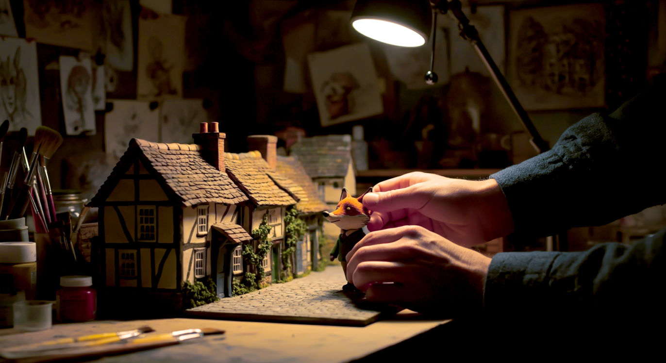 A hyper-realistic, professional photograph capturing the magic of stop-motion animation. In a cosy, slightly cluttered British workshop, a pair of hands are delicately adjusting a charming plasticine character resembling a small, tweed-wearing fox on a miniature set. The set depicts a quaint English village street. The lighting is warm and focused, like a desk lamp, highlighting the textures of the clay and the intricate details of the miniature world. The background is softly blurred, showing shelves with animation tools, pots of paint, and sketches pinned to a corkboard. The mood is one of focused creativity, nostalgia, and craftsmanship.
