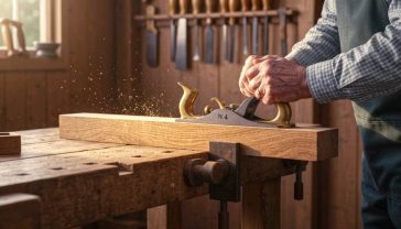 A hyper-realistic, professional photograph in the style of a Country Life magazine feature. The image captures the warmth and satisfaction of traditional craft in a classic British shed. An older person with kind, weathered hands is using a traditional No. 4 steel and brass hand plane on a piece of English oak clamped to a sturdy, worn wooden workbench. Golden-hour sunlight streams through a window, illuminating floating sawdust motes and highlighting the rich grain of the wood. The background is softly blurred but shows neatly arranged hand tools—chisels, saws, and marking gauges—hanging on the wall. The mood is peaceful, focused, and deeply nostalgic, evoking a sense of timeless British craftsmanship and heritage.