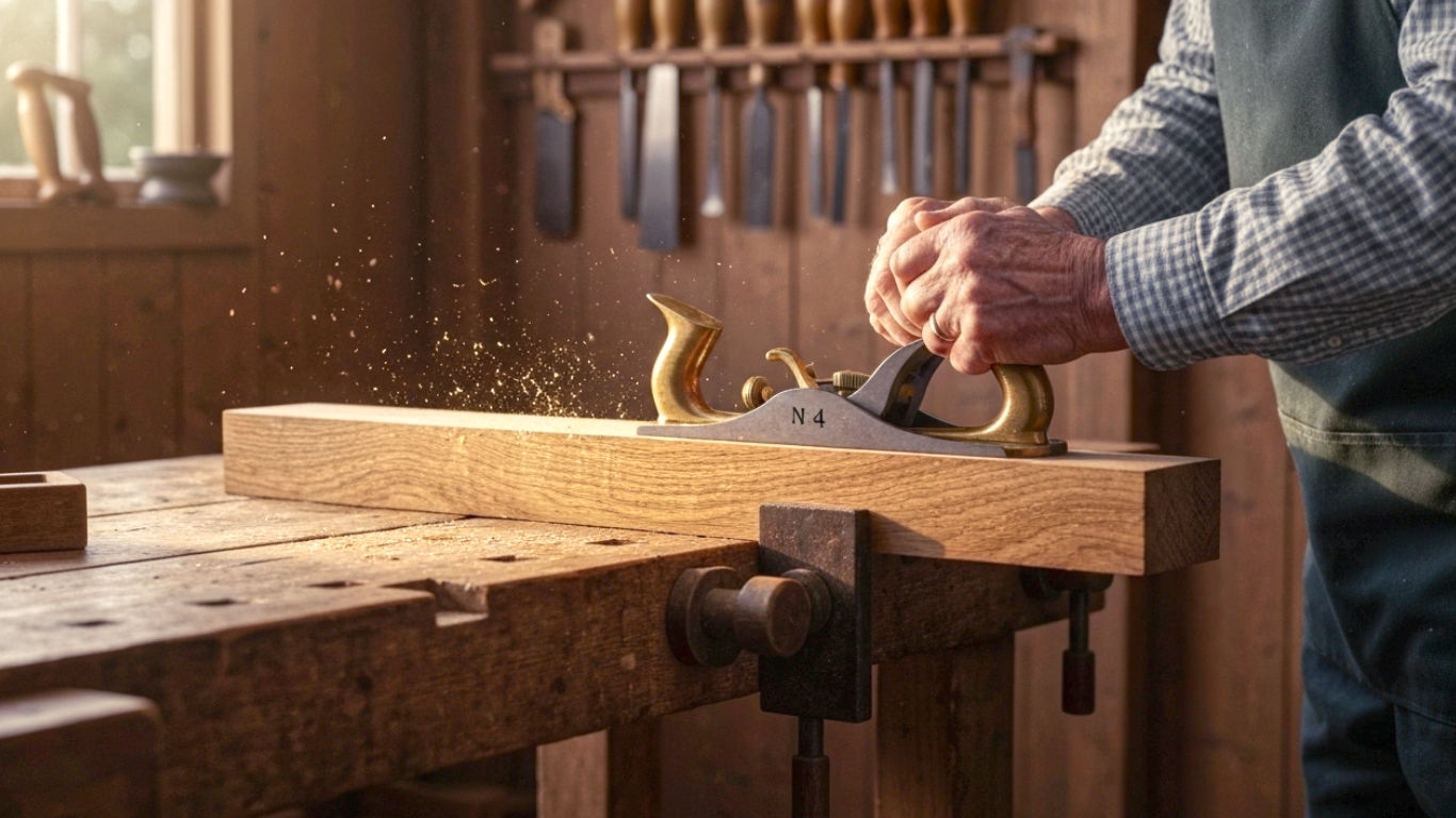 A hyper-realistic, professional photograph in the style of a Country Life magazine feature. The image captures the warmth and satisfaction of traditional craft in a classic British shed. An older person with kind, weathered hands is using a traditional No. 4 steel and brass hand plane on a piece of English oak clamped to a sturdy, worn wooden workbench. Golden-hour sunlight streams through a window, illuminating floating sawdust motes and highlighting the rich grain of the wood. The background is softly blurred but shows neatly arranged hand tools—chisels, saws, and marking gauges—hanging on the wall. The mood is peaceful, focused, and deeply nostalgic, evoking a sense of timeless British craftsmanship and heritage.