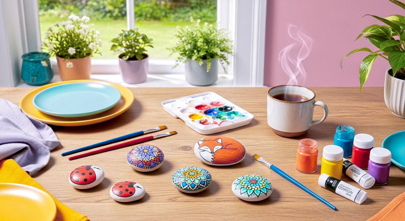A hyper-realistic, professional photograph in the style of a 'Country Life' magazine feature. A rustic wooden kitchen table is bathed in soft, natural light from a nearby window overlooking a lush English garden. On the table, several beautifully hand-painted stones (ladybirds, mandalas, a sleeping fox) are arranged next to art supplies: fine-tipped paintbrushes, pots of colourful acrylic paint, and a steaming cup of tea in a classic earthenware mug. The mood is calm, creative, and quintessentially British.