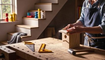 The image captures a bright, airy British workshop or garden shed. A person in their late 30s, wearing a simple apron over a casual shirt, is focused on sanding the edge of a nearly finished handmade wooden birdhouse. The workbench is tidy but used, with a few classic hand tools (a tenon saw, a combination square, a wood mallet) laid neatly on it. Soft, natural morning light streams in from a window, highlighting the texture of the wood grain and specks of sawdust in the air. The mood is calm, satisfying, and inspiring, with a shallow depth of field focusing on the hands and the birdhouse. The overall colour palette is warm and natural, with earthy tones and a touch of greenery visible through the window.