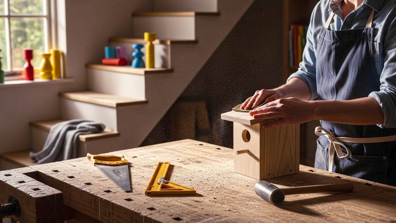 The image captures a bright, airy British workshop or garden shed. A person in their late 30s, wearing a simple apron over a casual shirt, is focused on sanding the edge of a nearly finished handmade wooden birdhouse. The workbench is tidy but used, with a few classic hand tools (a tenon saw, a combination square, a wood mallet) laid neatly on it. Soft, natural morning light streams in from a window, highlighting the texture of the wood grain and specks of sawdust in the air. The mood is calm, satisfying, and inspiring, with a shallow depth of field focusing on the hands and the birdhouse. The overall colour palette is warm and natural, with earthy tones and a touch of greenery visible through the window.