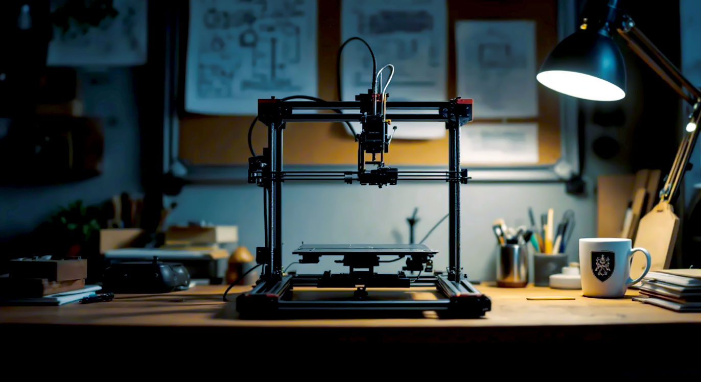 A hyper-realistic photograph with a documentary-style feel. The scene captures a recreation of an early RepRap "Darwin" 3D printer on a wooden workbench inside a classic British university workshop. The printer, with its characteristic threaded-rod frame and visible printed parts, is the clear focus. The lighting is intimate and focused, as if from a single desk lamp, casting dramatic shadows and highlighting the machine's ingenious, slightly clunky construction. In the background, out-of-focus technical schematics are pinned to a corkboard next to a mug bearing a subtle University of Bath crest. The composition is a detailed close-up, drawing attention to the printer's ability to replicate its own components. The mood is one of pioneering spirit, grassroots innovation, and quiet, world-changing British ingenuity.