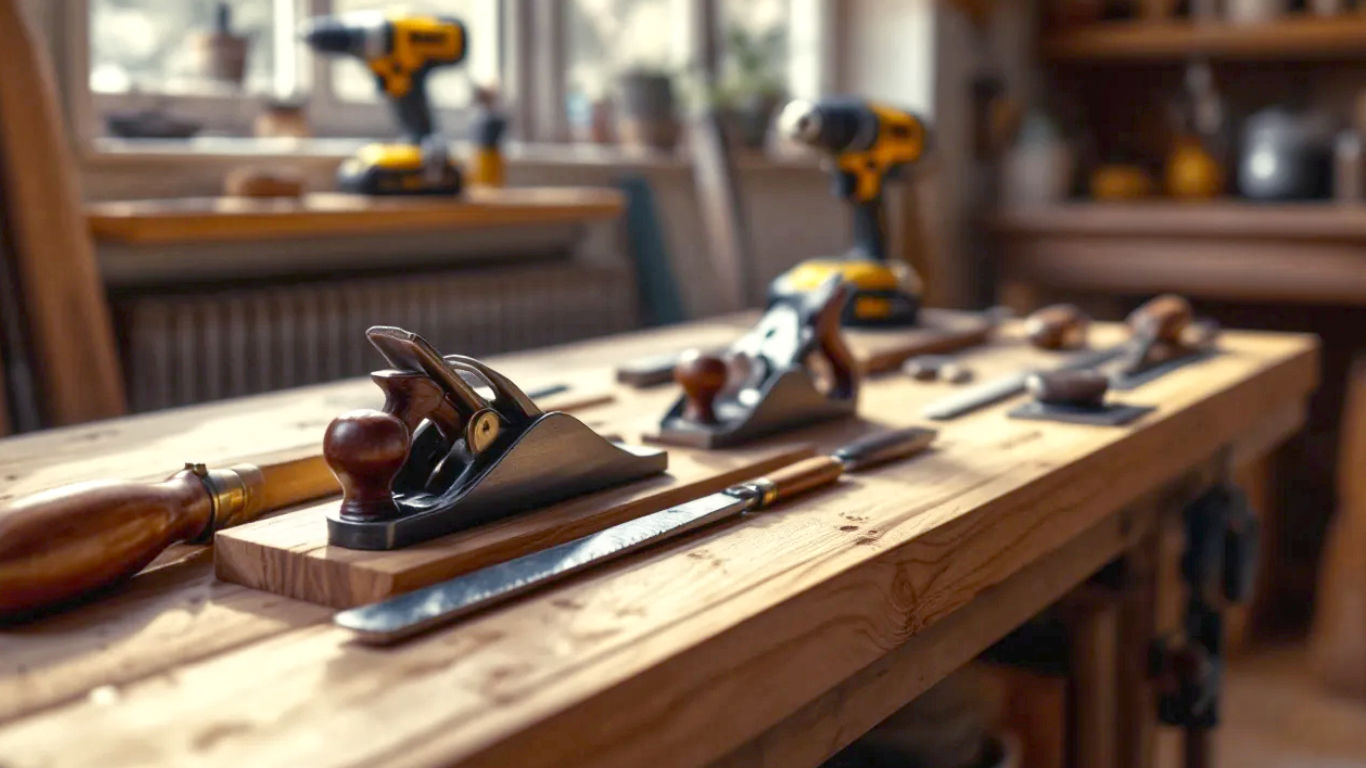 A hyper-realistic photograph in the style of a modern workshop feature. A sturdy, well-used wooden workbench is bathed in soft, natural light from a nearby window. On the bench, a carefully arranged selection of classic hand tools—a Stanley No. 5 jack plane with brass fittings, a set of Narex chisels with hornbeam handles, a tenon saw, and a combination square—are laid out on a piece of beautiful British oak. In the background, a cordless DeWalt drill rests on a shelf, hinting at the blend of traditional and modern methods. The mood is warm, inspiring, and quintessentially British, evoking a sense of calm craftsmanship and potential.