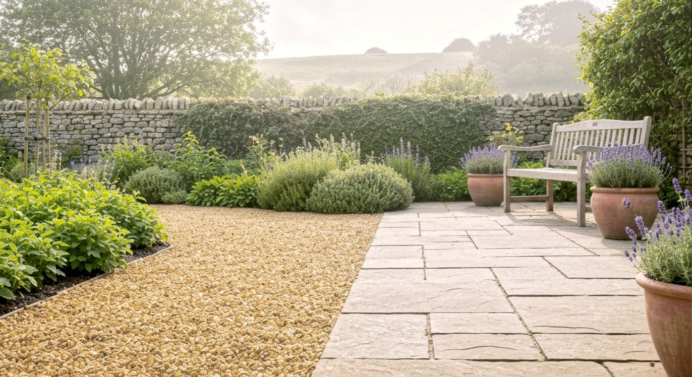 A hyper-realistic photograph in the style of a Gardens Illustrated magazine feature. A beautiful, established British garden in early summer. A winding gravel path made of golden Cotswold chippings leads past a lush herbaceous border towards a stone patio. On the patio, a comfortable wooden bench sits next to a large terracotta pot planted with lavender. In the background, a low dry stone wall, covered in creeping thyme, separates the garden from a gentle green hill. The lighting is soft and warm, like a hazy afternoon sun, creating a peaceful and aspirational mood. The focus is sharp on the texture of the stone path and wall.