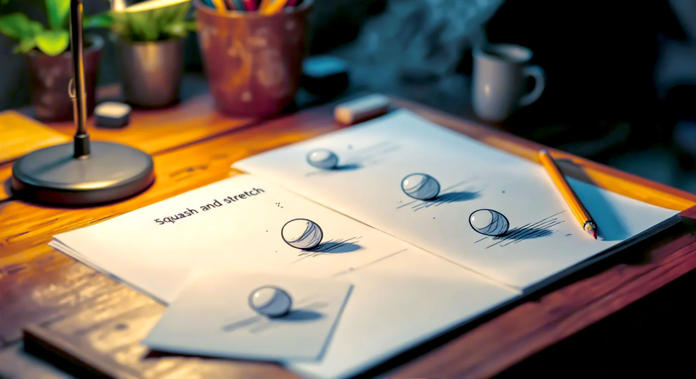 A hyper-realistic, professional photograph of a classic animator's wooden desk, bathed in the warm, soft light of a desk lamp. The central focus is a series of hand-drawn sketches on animation paper, laid out in sequence, clearly illustrating the "squash and stretch" principle with a bouncing ball. Next to the drawings sits a well-loved copy of "The Animator's Survival Kit." In the background, softly out of focus, are pencils, erasers, and a steaming mug of tea. The mood is one of quiet study, timeless craftsmanship, and foundational learning.