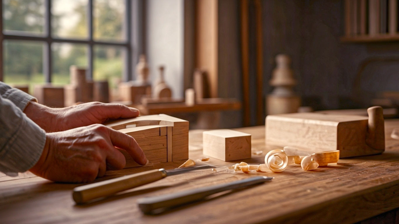 A hyper-realistic, professional photograph in the style of a feature for Crafts magazine. The scene is a quiet, well-lit workshop with a large window showing a gentle English garden outside. A pair of British hands, weathered but careful, are test-fitting a complex Japanese dovetail joint. On the workbench lie a Japanese pull saw (ryoba), a single chisel (nomi), and a wooden plane (kanna), with delicate, paper-thin wood shavings curled beside it. The lighting is soft and natural, coming from the side, highlighting the texture of the wood grain and the sharp steel of the tools. The mood is one of intense focus, peace, and timeless craftsmanship.