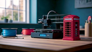 A hyper-realistic photograph in the style of a modern tech magazine feature. The scene is a well-lit, tidy British workshop or home office. In the centre, a sleek, modern 3D printer (like a Bambu Lab P1S) is in the final stages of printing a detailed, iconic red telephone box. The lighting is bright and clean, with a soft, natural feel coming from a nearby window showing a typical British suburban garden. The composition is a medium shot, focused on the printer and the emerging object, with spools of coloured filament and a few simple tools artfully arranged in the background, hinting at creativity and potential. The mood is one of innovation, accessibility, and modern British making.