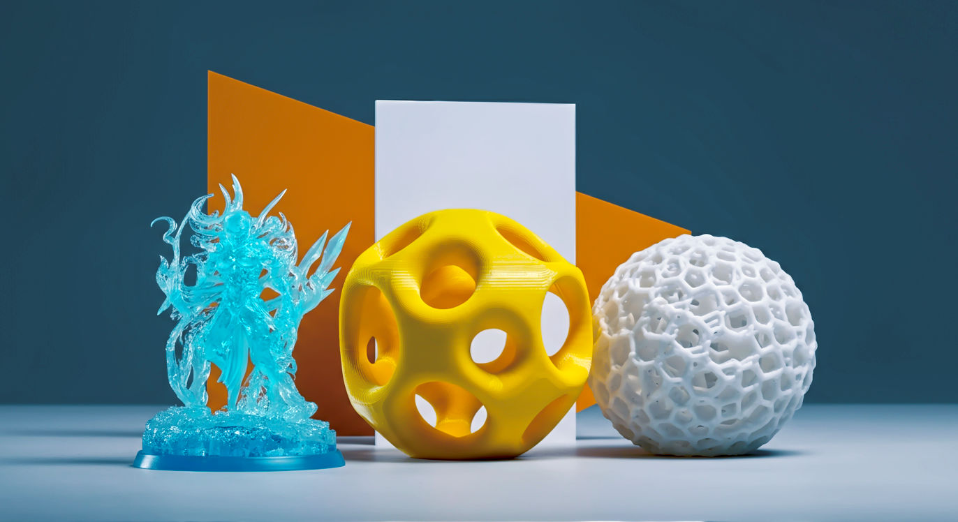 A hyper-realistic photograph in the style of clean, modern product photography. The scene displays three distinct 3D printed objects artfully arranged on a minimalist light grey concrete surface. From left to right: an incredibly detailed, translucent blue resin fantasy miniature (showcasing SLA), a strong and functional bright yellow mechanical part with fine layer lines (showcasing FDM), and a complex, interlocking white nylon sphere with a matte, granular texture (showcasing SLS). The lighting is bright, even studio light that perfectly captures the unique surface finish and material properties of each object. The composition is a slightly angled medium shot, creating a gallery-like feel. The mood is one of precision, versatility, and advanced material science.