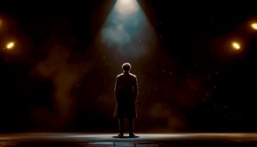 A hyper-realistic, evocative photograph in the style of a National Theatre production still. An actor stands alone mid-stage in a dimly lit, traditional British theatre. A single, soft spotlight illuminates them from above, catching the dust motes in the air. The actor is in period costume—simple Shakespearean attire—and their expression is emotionally charged, caught mid-sentence. The background is dark, with the faint outline of velvet curtains and the grand circle just visible. The mood is intimate, intense, and full of dramatic potential, with a colour palette of deep reds, dark woods, and golden light that evokes British theatrical heritage.
