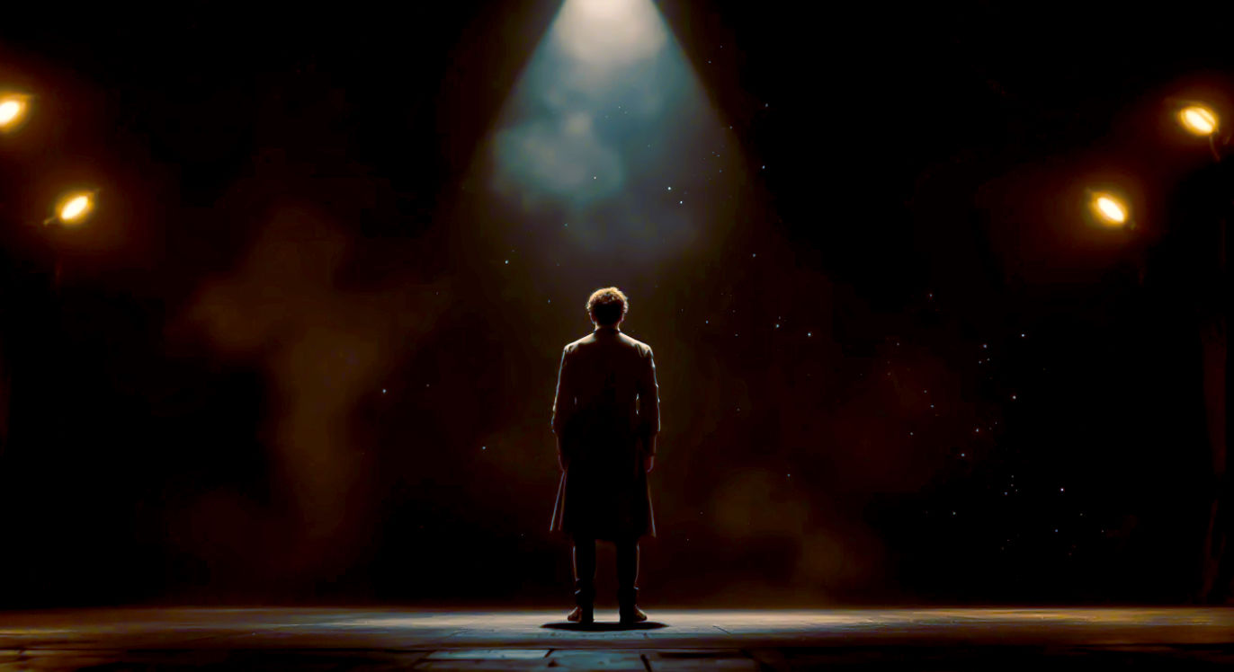 A hyper-realistic, evocative photograph in the style of a National Theatre production still. An actor stands alone mid-stage in a dimly lit, traditional British theatre. A single, soft spotlight illuminates them from above, catching the dust motes in the air. The actor is in period costume—simple Shakespearean attire—and their expression is emotionally charged, caught mid-sentence. The background is dark, with the faint outline of velvet curtains and the grand circle just visible. The mood is intimate, intense, and full of dramatic potential, with a colour palette of deep reds, dark woods, and golden light that evokes British theatrical heritage.
