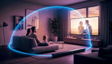 A hyper-realistic, professional photograph showing a modern British living room at dusk. A family is captivated by a film on a large screen, with subtle, glowing blue sound waves forming a transparent dome around them, emanating from a sleek soundbar. The mood is warm, cosy, and technologically advanced. The style should be reminiscent of an advertisement for a high-end British audio brand like Bowers & Wilkins.