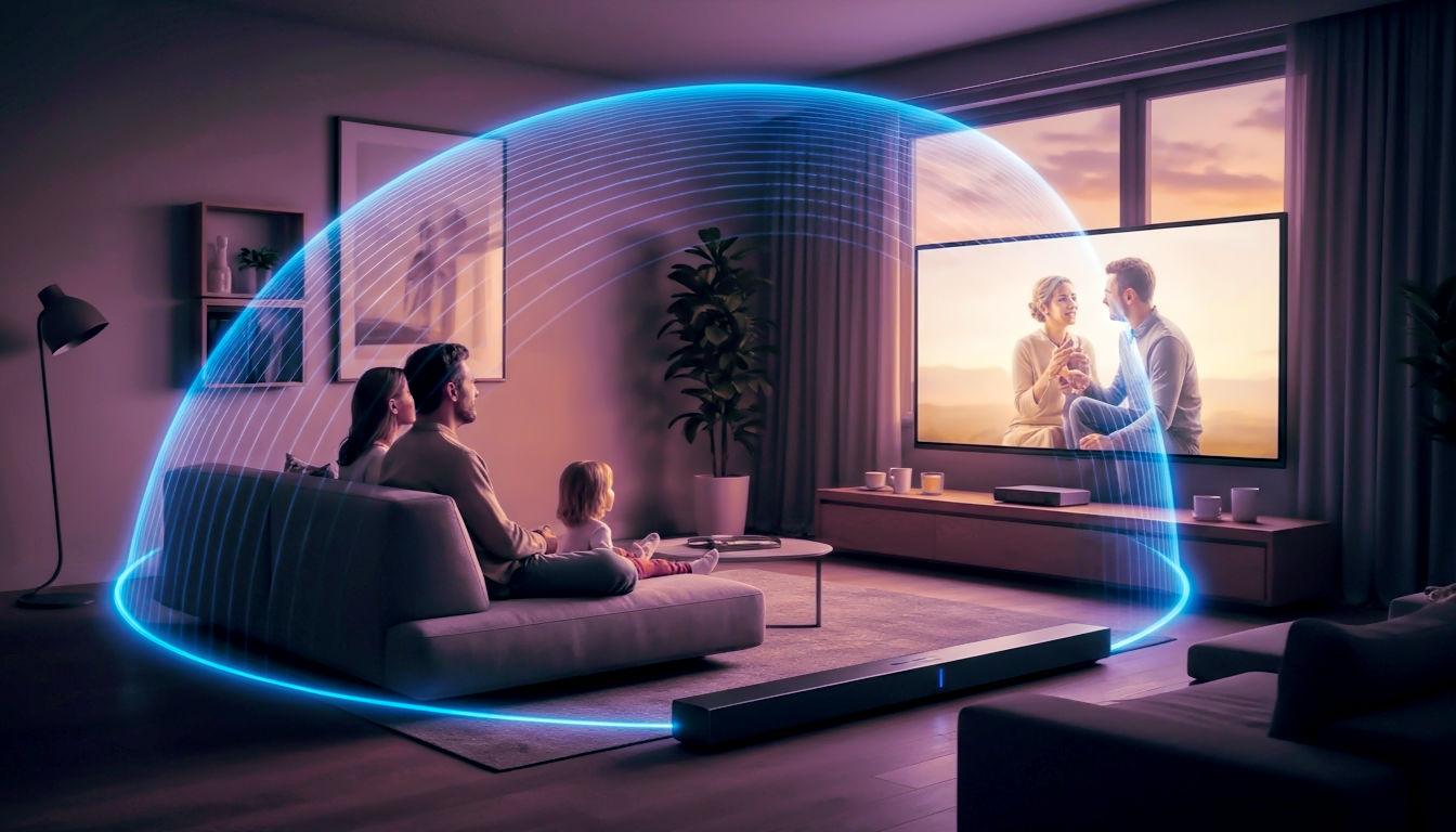 A hyper-realistic, professional photograph showing a modern British living room at dusk. A family is captivated by a film on a large screen, with subtle, glowing blue sound waves forming a transparent dome around them, emanating from a sleek soundbar. The mood is warm, cosy, and technologically advanced. The style should be reminiscent of an advertisement for a high-end British audio brand like Bowers & Wilkins.