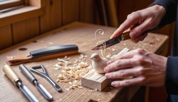 A hyper-realistic photograph in the style of a modern craft magazine. The scene is a well-lit, tidy British workshop with rustic wooden walls. In the centre, a pair of capable, clean hands (male or female, mid-30s) are carefully carving a small, elegant wooden bird from a piece of pale lime wood. A classic Morakniv carving knife is in use, with delicate, paper-thin shavings curling off the wood. A few other essential tools—a gouge and a V-tool—are laid neatly on the workbench beside a leather strop. The lighting is soft and natural, coming from a nearby window, creating a warm, focused, and inspiring mood that evokes a sense of calm craftsmanship and heritage.