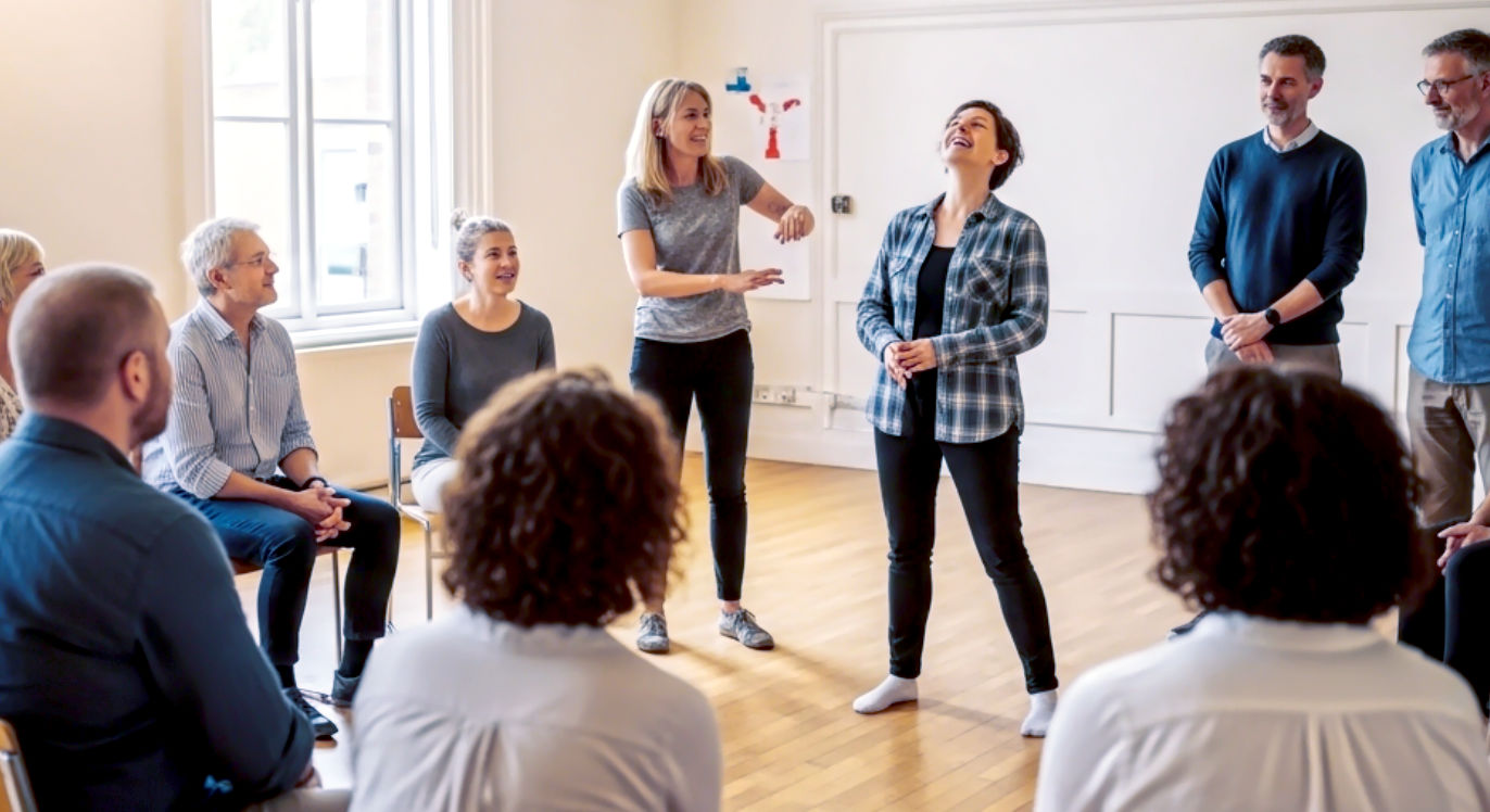 A hyper-realistic, warm photograph in the style of a feature for a local arts council. An homogenous group of adults of various ages and ethnicities are in a bright, welcoming British community hall, participating in an acting workshop. They are arranged in a circle, watching one member who is standing and performing an exercise with a look of joyful vulnerability. The rest of the group and the instructor watch with supportive, engaged expressions. The lighting is bright and natural, creating an optimistic and inviting mood. The composition is wide, capturing the sense of community and shared experience.