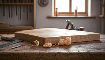 A hyper-realistic, professional photograph in the style of a Country Life magazine feature. The scene is a rustic but tidy British workshop, bathed in soft, natural light from a nearby window. On a sturdy wooden workbench lies a beautiful, unfinished one-inch thick oak chopping board. Next to it are a classic combination square, a sharp marking knife, and a low-angle block plane with brass fittings, shavings of oak curling beside it. The background is slightly out of focus but shows shelves with neatly arranged hand tools. The mood is warm, inspiring, and authentic, evoking a sense of timeless British craftsmanship and the satisfaction of working with natural materials.