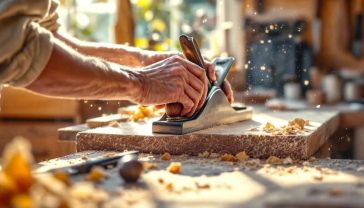 The image captures a bright, tidy British garden shed workshop. Soft, natural morning light streams through a window, illuminating fine sawdust motes in the air. In the centre, a pair of capable, slightly calloused hands are carefully using a traditional block plane on a piece of English oak clamped to a sturdy wooden workbench. Wood shavings are curling up perfectly. In the background, a rack of neatly arranged hand tools—tenon saw, chisels, a combination square—are visible. The mood is one of peaceful focus, satisfaction, and the quiet joy of craftsmanship. The colour palette is warm and natural, dominated by wood tones and the green of the garden visible through the window.