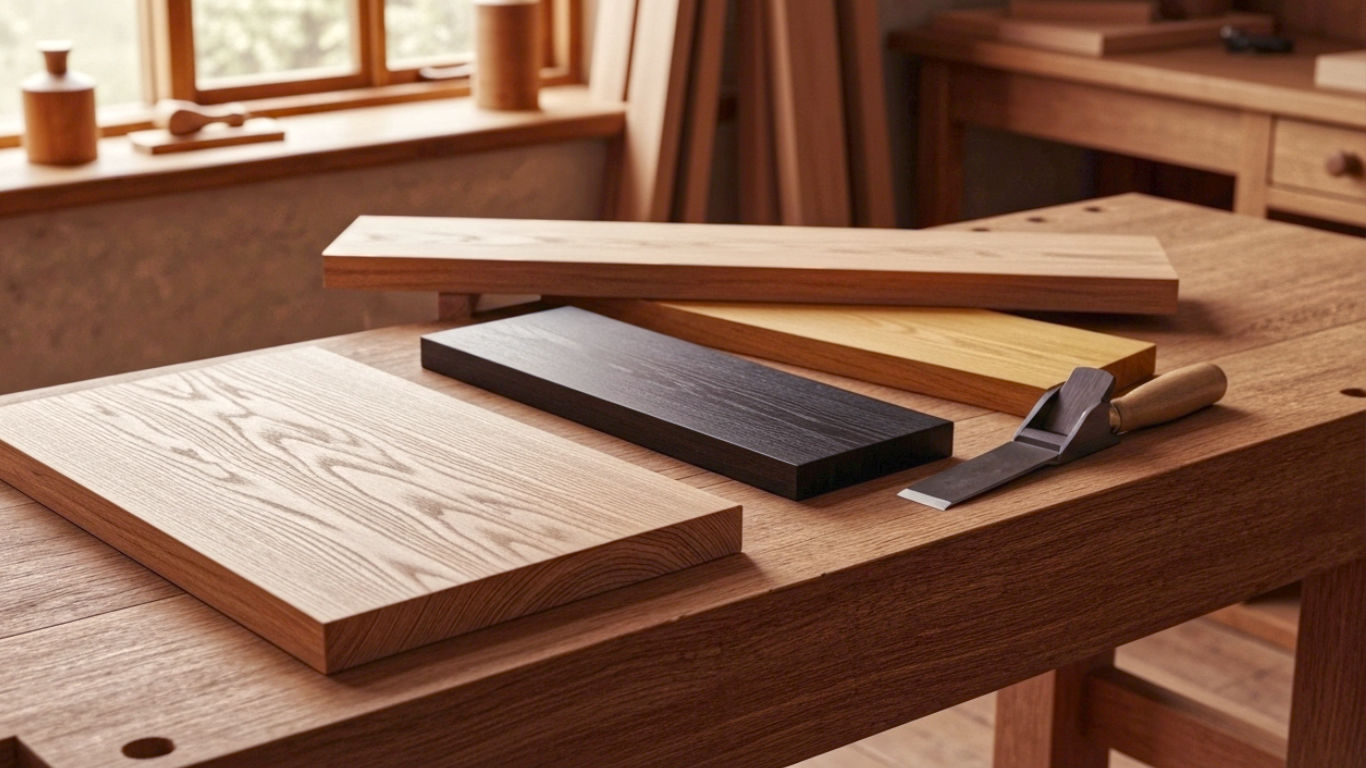 A hyper-realistic, professional photograph in the style of a high-end woodworking magazine. The scene is a beautifully organised, rustic British workshop with warm, natural light streaming through a window. On a solid oak workbench, several exquisite planks of different Japanese hardwoods are artfully arranged. A piece of rippling Tochi (Japanese Horse Chestnut) is in the foreground, its silky grain catching the light. Next to it are pieces of dark, dramatic Keyaki and golden Kuri. A traditional Japanese hand plane (kanna) and a sharp chisel rest beside the wood, suggesting a project in progress. The mood is calm, respectful, and inspiring, blending the elegance of Japanese materials with the solid tradition of a British workshop.