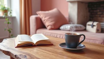 A hyper-realistic, professional photograph in the style of a "Real Homes" magazine feature. The image captures a beautifully finished live edge english oak coffee table sitting in a cosy, modern British living room. Soft, natural light from a window illuminates the rich grain and black epoxy details of the wood. On the table sits a steaming mug of tea and an open book. The background is slightly blurred, showing a comfortable sofa and a fireplace, creating a warm, aspirational, and homely mood. The composition is clean and inviting, emphasising the craftsmanship and unique character of the handmade furniture.