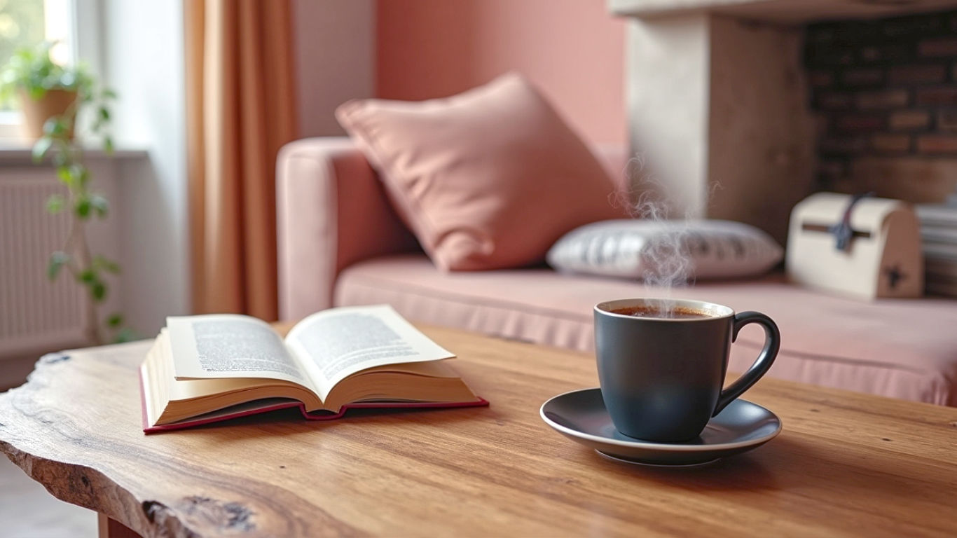 A hyper-realistic, professional photograph in the style of a "Real Homes" magazine feature. The image captures a beautifully finished live edge english oak coffee table sitting in a cosy, modern British living room. Soft, natural light from a window illuminates the rich grain and black epoxy details of the wood. On the table sits a steaming mug of tea and an open book. The background is slightly blurred, showing a comfortable sofa and a fireplace, creating a warm, aspirational, and homely mood. The composition is clean and inviting, emphasising the craftsmanship and unique character of the handmade furniture.