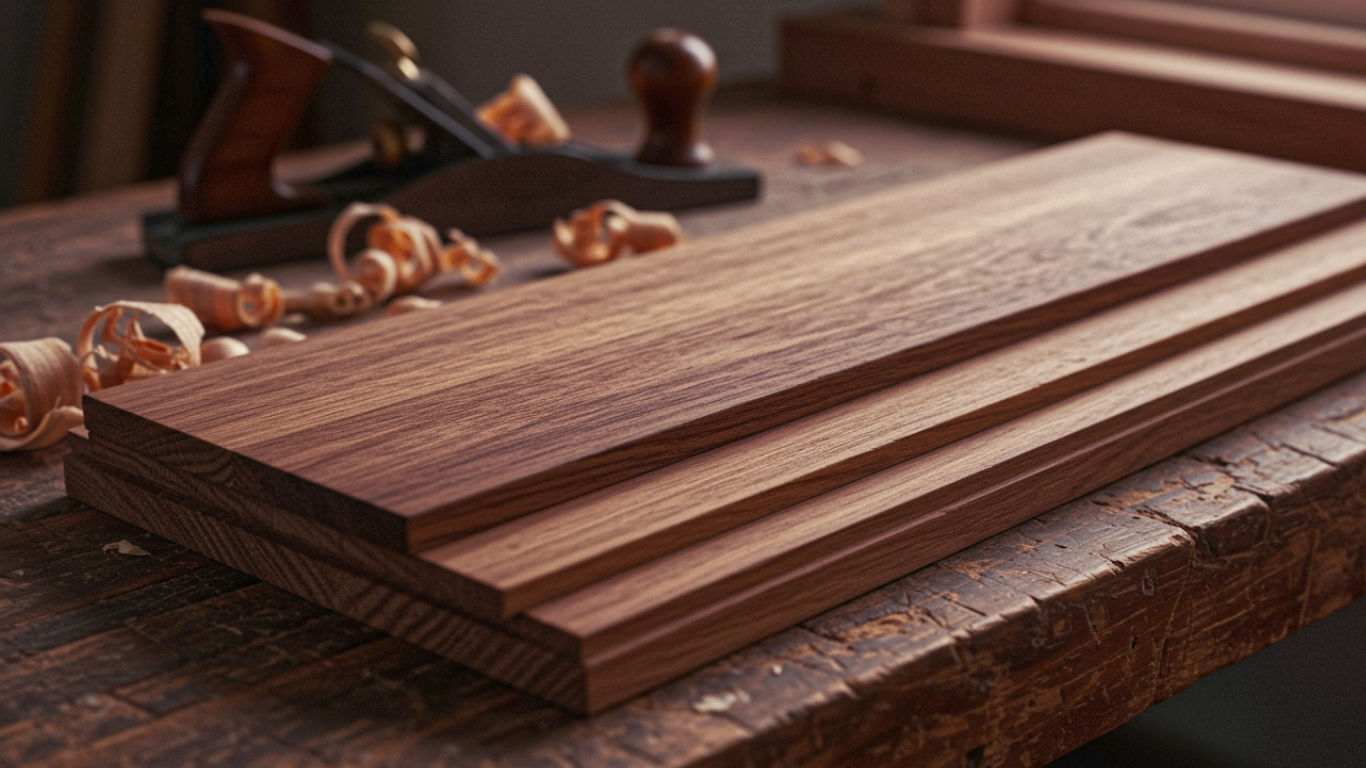 A hyper-realistic, professional photograph in the style of an interior design magazine. The shot captures a close-up, diagonal view of Keyaki (Zelkova serrata) planks arranged neatly on a rustic workshop bench. Each wood sample clearly shows its unique colour and grain pattern. Soft, natural light from a nearby window illuminates the textures. In the blurred background, a carpenter's hand plane and some wood shavings are visible, suggesting craftsmanship. The mood is warm, sophisticated, and tactile, evoking a sense of quality and natural beauty for a British home.