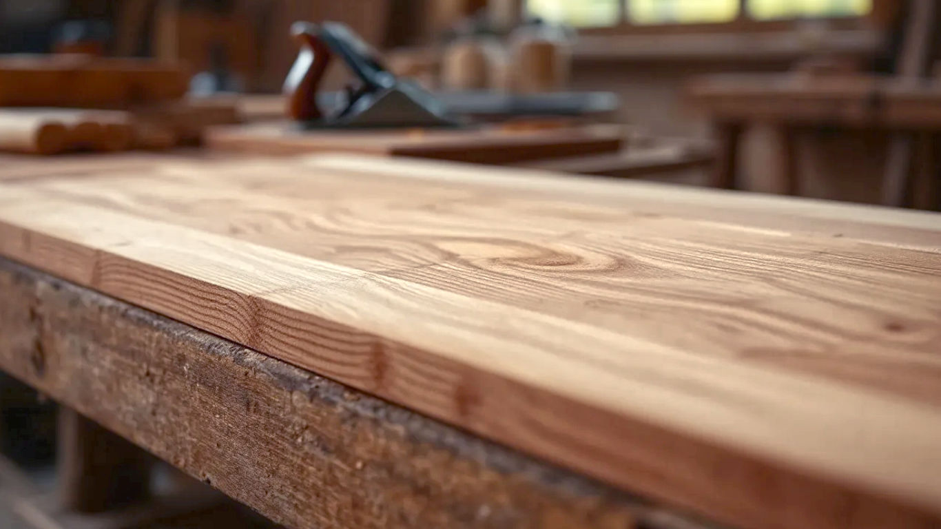 A hyper-realistic, professional photograph in the style of an interior design magazine. The shot captures a close-up, diagonal view of Kiri (Paulownia) planks arranged neatly on a rustic workshop bench. Each wood sample clearly shows its unique colour and grain pattern. Soft, natural light from a nearby window illuminates the textures. In the blurred background, a carpenter's hand plane and some wood shavings are visible, suggesting craftsmanship. The mood is warm, sophisticated, and tactile, evoking a sense of quality and natural beauty for a British home.