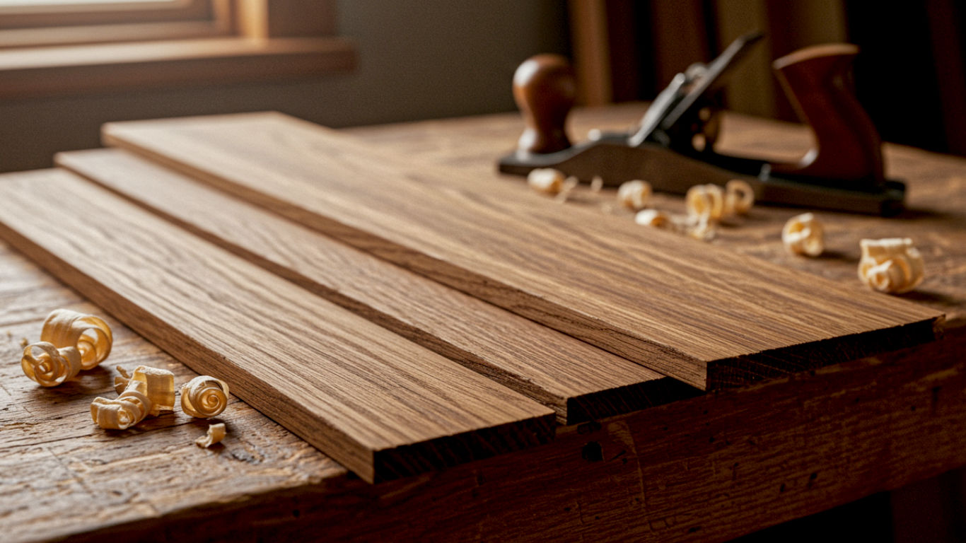 A hyper-realistic, professional photograph in the style of an interior design magazine. The shot captures a close-up, diagonal view of Kuri (Japanese Chestnut) planks arranged neatly on a rustic workshop bench. Each wood sample clearly shows its unique colour and grain pattern. Soft, natural light from a nearby window illuminates the textures. In the blurred background, a carpenter's hand plane and some wood shavings are visible, suggesting craftsmanship. The mood is warm, sophisticated, and tactile, evoking a sense of quality and natural beauty for a British home.