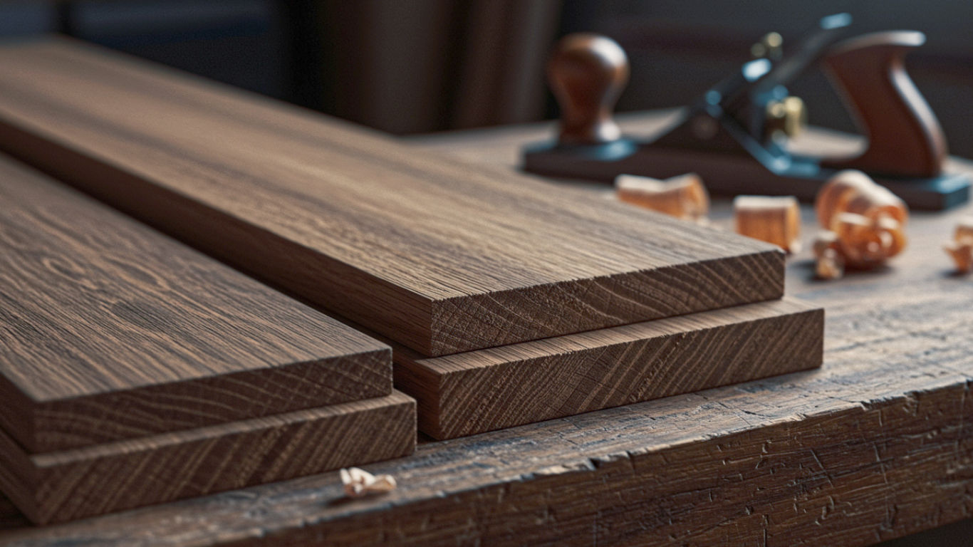 A hyper-realistic, professional photograph in the style of an interior design magazine. The shot captures a close-up, diagonal view of Nara (Japanese Oak) planks arranged neatly on a rustic workshop bench. Each wood sample clearly shows its unique colour and grain pattern. Soft, natural light from a nearby window illuminates the textures. In the blurred background, a carpenter's hand plane and some wood shavings are visible, suggesting craftsmanship. The mood is warm, sophisticated, and tactile, evoking a sense of quality and natural beauty for a British home.