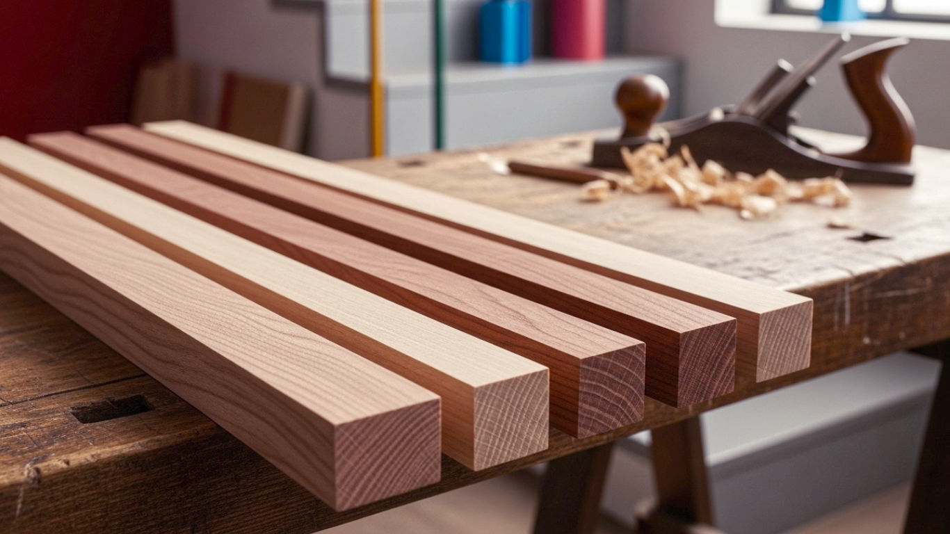 A hyper-realistic, professional photograph in the style of an interior design magazine. The shot captures a close-up, diagonal view of Sakura (Japanese Cherry) planks arranged neatly on a rustic workshop bench. Each wood sample clearly shows its unique colour and grain pattern. Soft, natural light from a nearby window illuminates the textures. In the blurred background, a carpenter's hand plane and some wood shavings are visible, suggesting craftsmanship. The mood is warm, sophisticated, and tactile, evoking a sense of quality and natural beauty for a British home.