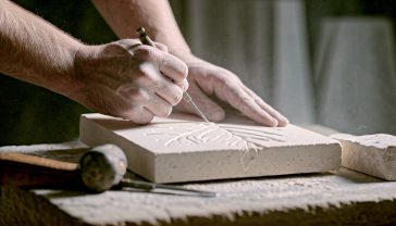 A hyper-realistic photograph in the style of a modern artisan workshop feature. A pair of capable, slightly dusty hands (gender neutral) are carefully carving a detailed leaf relief into a block of creamy Portland stone. A traditional wooden mallet and several chisels lie neatly on the workbench beside it. Soft, natural light streams in from a window, illuminating the fine stone dust in the air and highlighting the texture of the stone. The mood is one of focused, timeless craftsmanship.