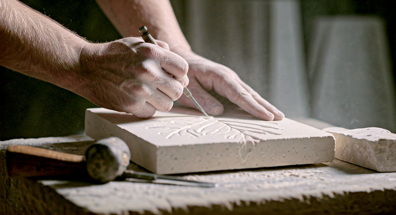 A hyper-realistic photograph in the style of a modern artisan workshop feature. A pair of capable, slightly dusty hands (gender neutral) are carefully carving a detailed leaf relief into a block of creamy Portland stone. A traditional wooden mallet and several chisels lie neatly on the workbench beside it. Soft, natural light streams in from a window, illuminating the fine stone dust in the air and highlighting the texture of the stone. The mood is one of focused, timeless craftsmanship.
