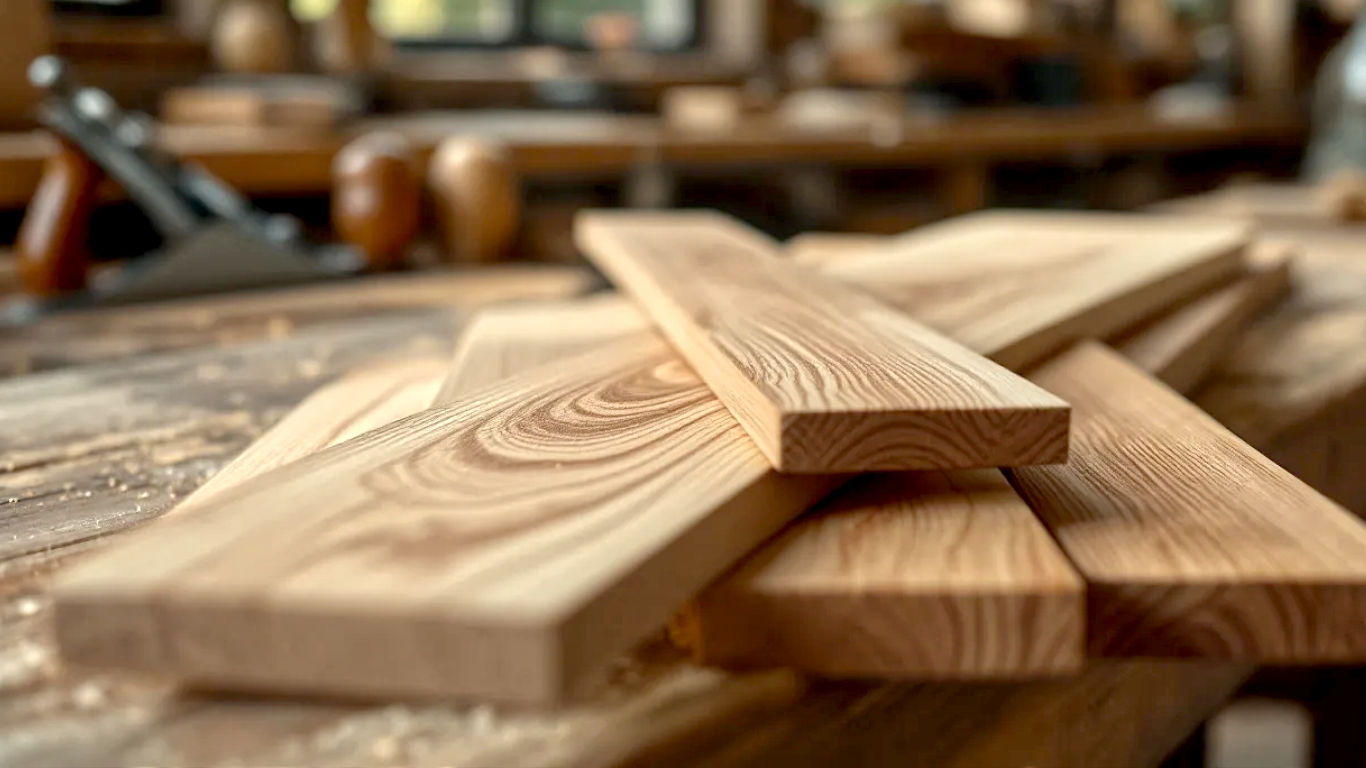 A hyper-realistic, professional photograph in the style of an interior design magazine. The shot captures a close-up, diagonal view of Tochi (Japanese Horse Chestnut) planks arranged neatly on a rustic workshop bench. Each wood sample clearly shows its unique colour and grain pattern. Soft, natural light from a nearby window illuminates the textures. In the blurred background, a carpenter's hand plane and some wood shavings are visible, suggesting craftsmanship. The mood is warm, sophisticated, and tactile, evoking a sense of quality and natural beauty for a British home.