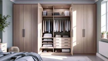 A hyper-realistic photograph in the style of a feature in 'Livingetc' or 'Ideal Home' magazine. The subject is a beautifully organised, bespoke fitted wardrobe in a calm, contemporary British bedroom. The wardrobe doors, made of light oak with minimalist black handles, are partially open, revealing neatly arranged clothes: cashmere jumpers folded on shelves, shirts on wooden hangers, and a pull-out shoe rack. The bedroom has soft, natural light coming from a large window, creating a serene and aspirational mood. The colour palette is muted and earthy—sage green walls, oatmeal carpets, and natural wood tones—evoking a sense of modern British elegance and tranquility.