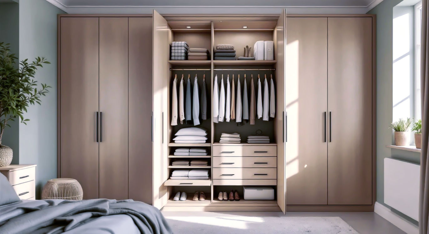 A hyper-realistic photograph in the style of a feature in 'Livingetc' or 'Ideal Home' magazine. The subject is a beautifully organised, bespoke fitted wardrobe in a calm, contemporary British bedroom. The wardrobe doors, made of light oak with minimalist black handles, are partially open, revealing neatly arranged clothes: cashmere jumpers folded on shelves, shirts on wooden hangers, and a pull-out shoe rack. The bedroom has soft, natural light coming from a large window, creating a serene and aspirational mood. The colour palette is muted and earthy—sage green walls, oatmeal carpets, and natural wood tones—evoking a sense of modern British elegance and tranquility.