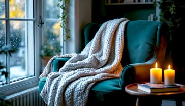 A hyper-realistic, professional photograph in the style of a feature in The English Home magazine. The image captures a quintessential British living room corner on a rainy autumn afternoon. A comfortable, deep armchair in a worn, dark green velvet is positioned next to a traditional sash window with raindrops trickling down the glass. On the chair rests a chunky, cream-coloured knitted throw and a classic hardback book left open. Next to it, a small, dark oak side table holds a steaming mug of tea in a ceramic mug and a single lit beeswax pillar candle, its flame casting a warm, flickering glow. The background is softly out of focus but hints at a bookshelf and a fireplace. The lighting is soft, warm, and deeply atmospheric, evoking a powerful sense of peace, comfort, and sanctuary.